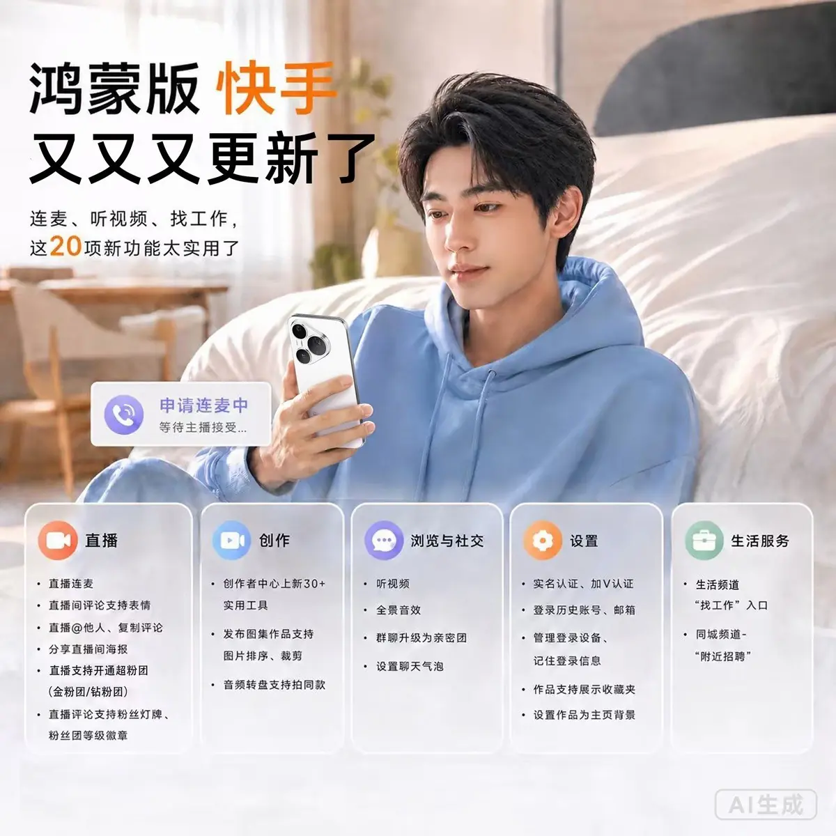 鸿蒙版快手大更新:连麦、听视频、找工作,这20项新功能太实用了