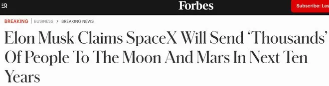 马斯克声称SpaceX将在未来十年内将“数千人”送上月球和火星
