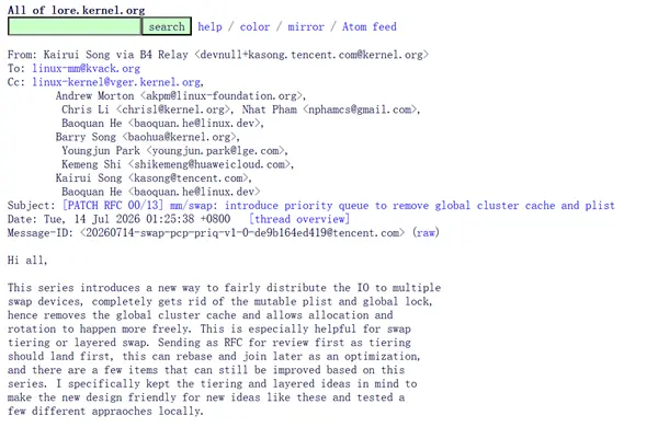腾讯工程师提交Linux内核RFC补丁:重构交换设备I/O分配机制