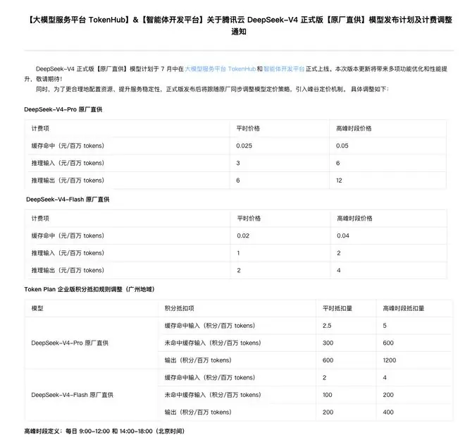 腾讯云:DeepSeek-V4正式版“原厂直供”模型计划于7月中上线