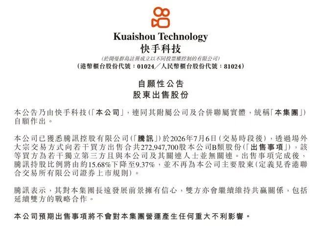 快手公告:腾讯减持,不再为公司主要股东